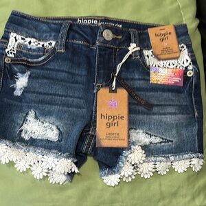 Blue Denim Shorts with White Lace Trim